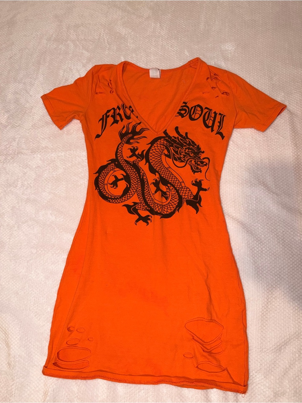 Orange V-Neck Mini Dress with Black Dragon Graphic